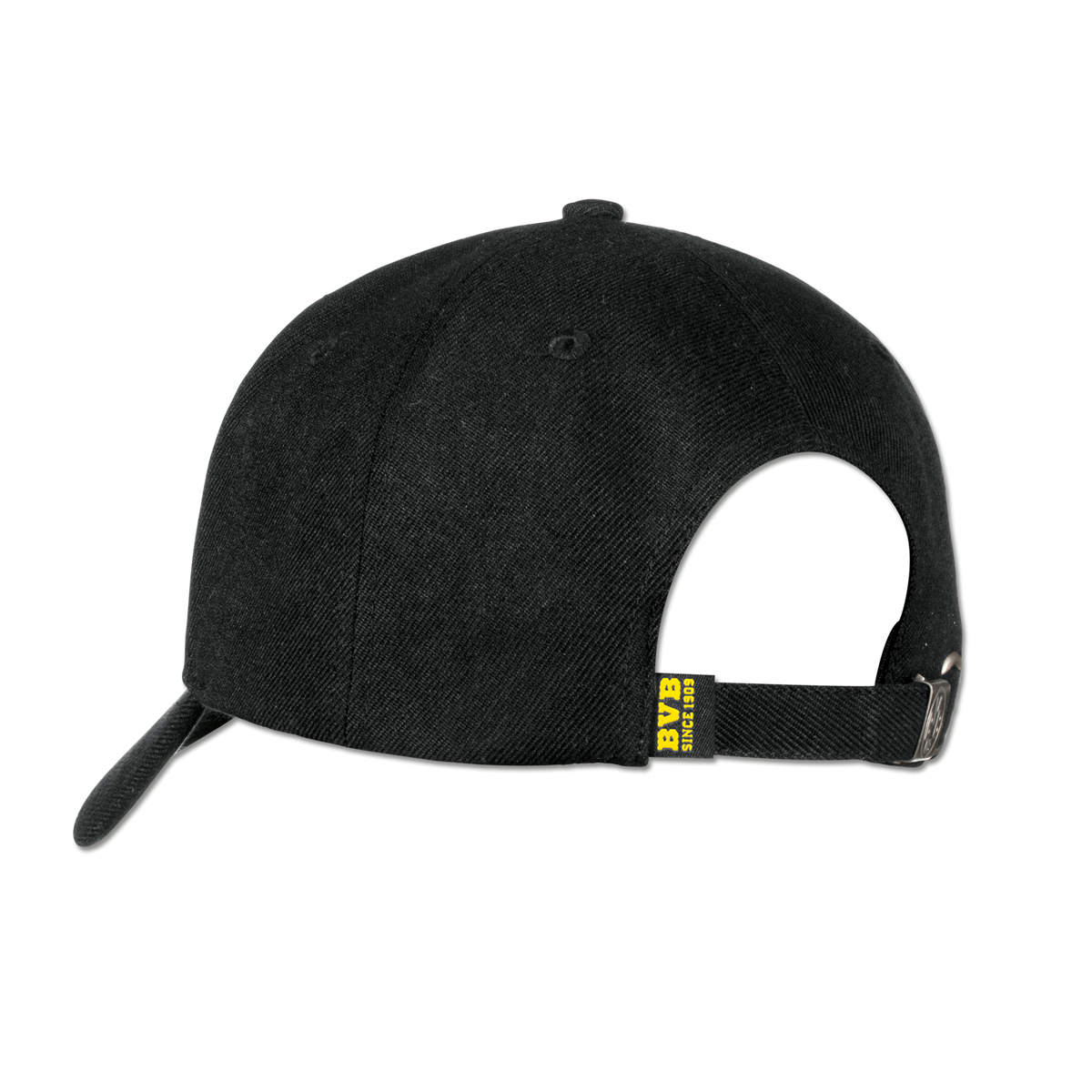 Rückansicht einer schwarzgelben Borussia Dortmund Kappe mit verstellbarem Riemen, sichtbarem BVB-Logo und hochwertigem Design.
