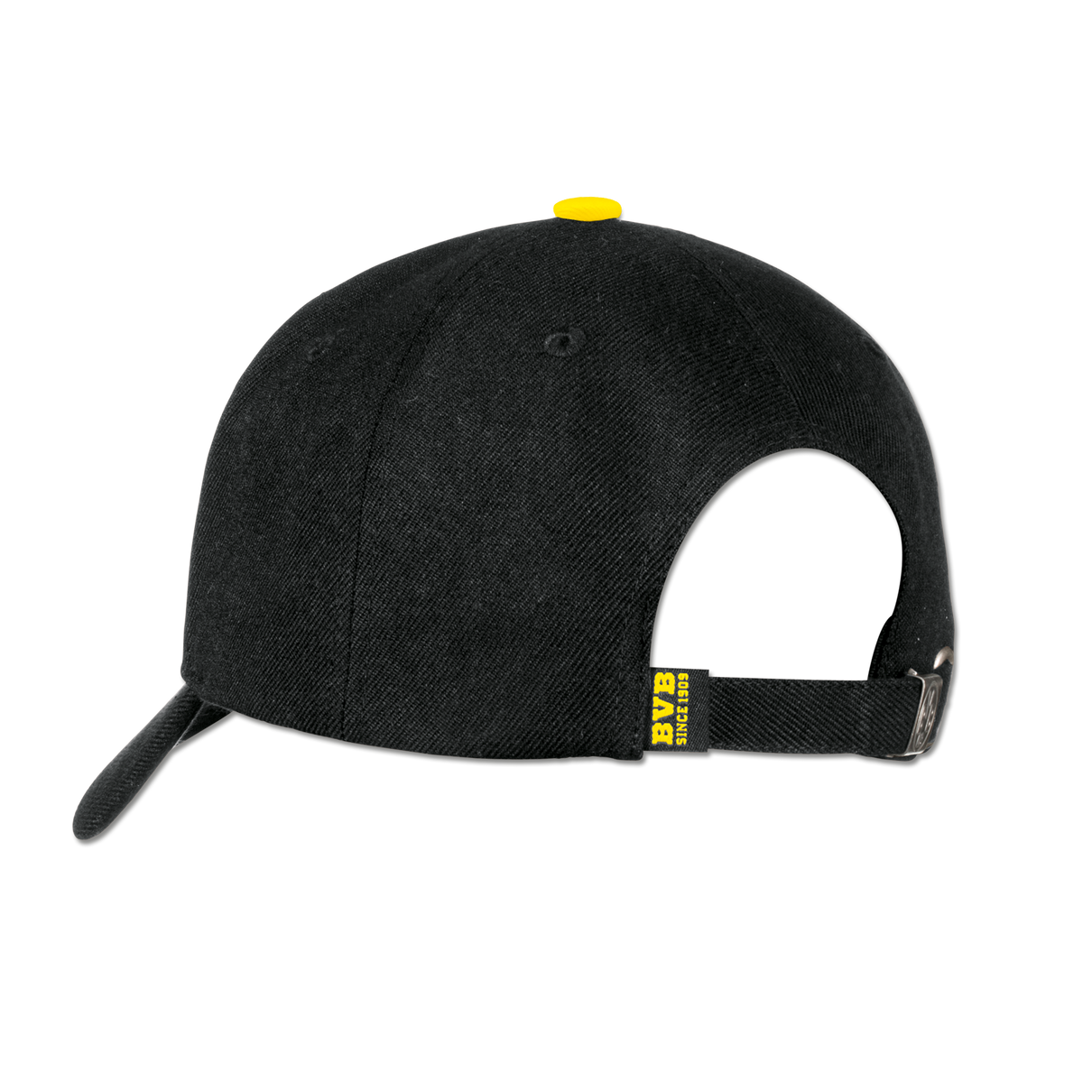 Schwarzgelbe BVB-Cap mit Rückansicht. Die Kappe besitzt ein verstellbares Band mit BVB-Logo und gelben Elementen.