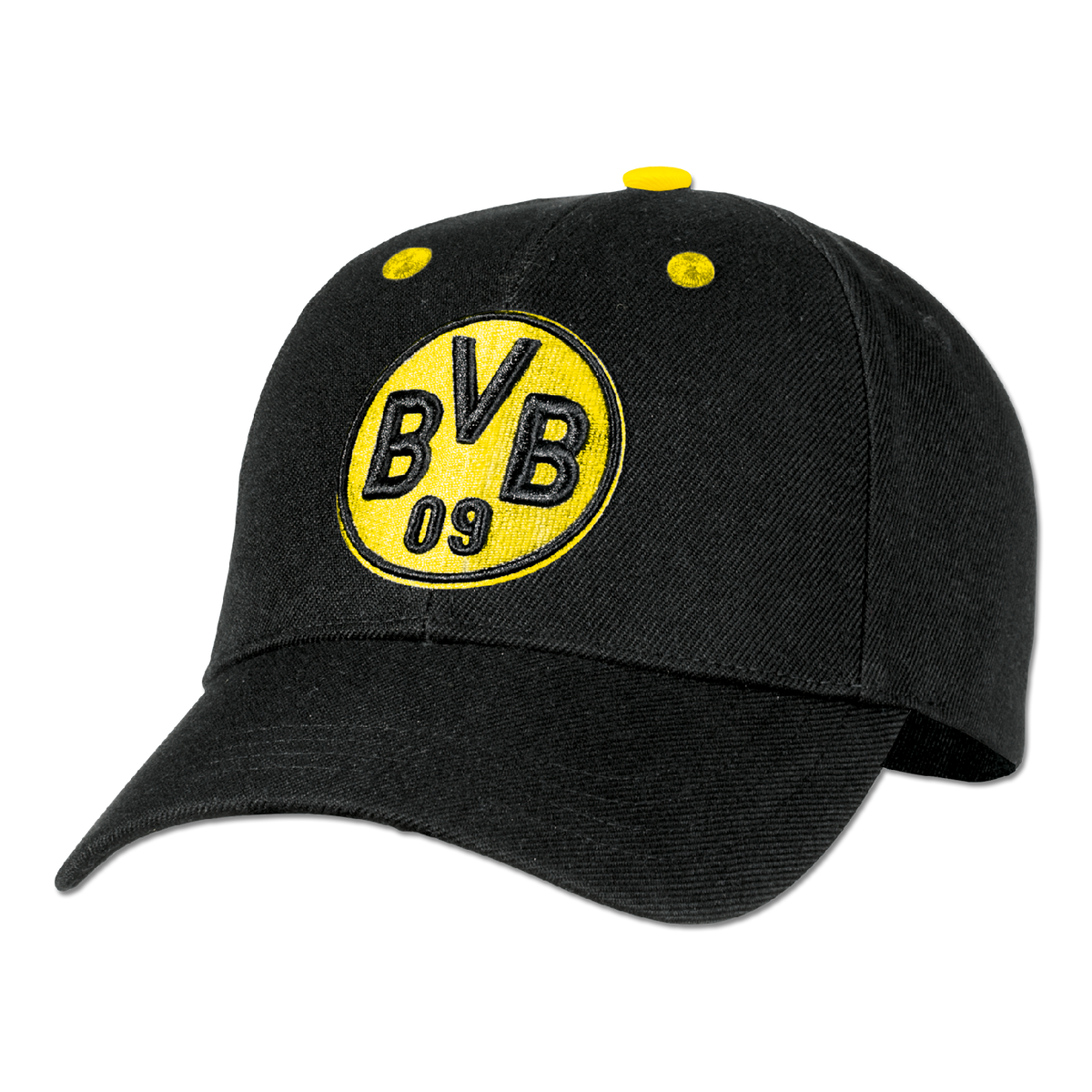 Casquette noire du BVB avec le logo jaune du club et l'inscription « BVB 09 », idéale pour les supporters du Borussia Dortmund.