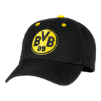 Schwarze BVB-Cap mit gelbem Vereinslogo und der Aufschrift 'BVB 09', ideal für Fans des Vereins Borussia Dortmund.