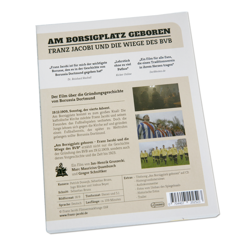 Retro della custodia del DVD “Am Borsigplatz geboren”, dedicato alla storia della fondazione del Borussia Dortmund, con testi informativi, citazioni e immagini.