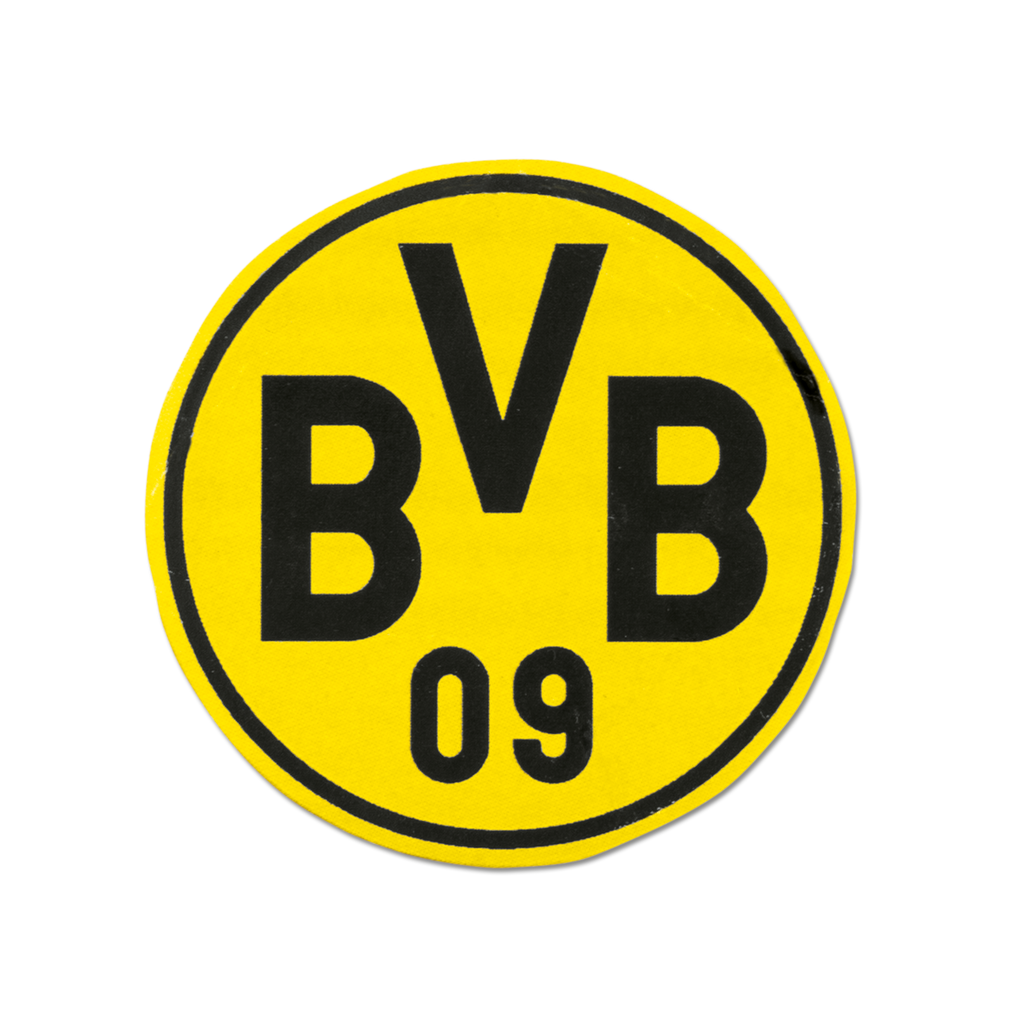 Logo rotondo del BVB nei colori sociali nero e giallo con la scritta nera “BVB 09”, adatto per articoli da tifoso del Borussia Dortmund.