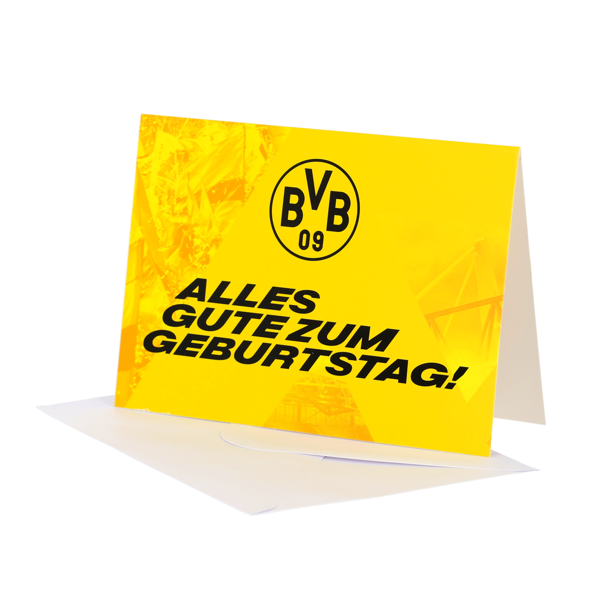 Tarjeta de cumpleaños amarilla con el logotipo del BVB y la inscripción en negro «¡Feliz cumpleaños!», colocada con sobres blancos al fondo, ideal como regalo para los aficionados del Borussia Dortmund.