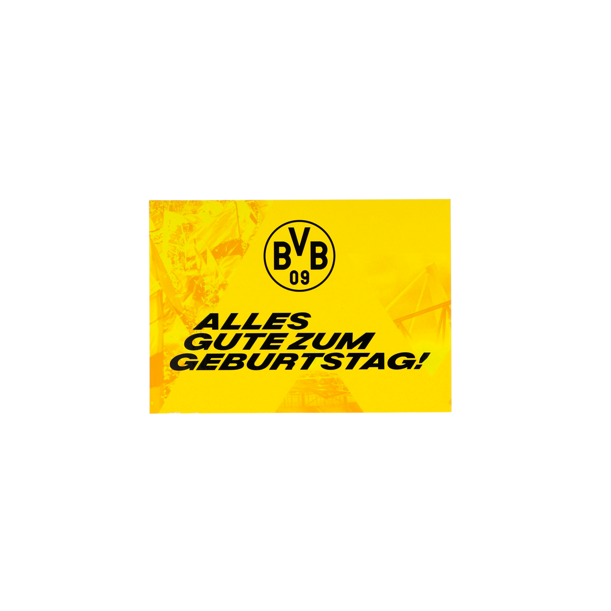 Una tarjeta de cumpleaños del BVB en colores negro y amarillo con la frase «¡Feliz cumpleaños!» y el logotipo del BVB.