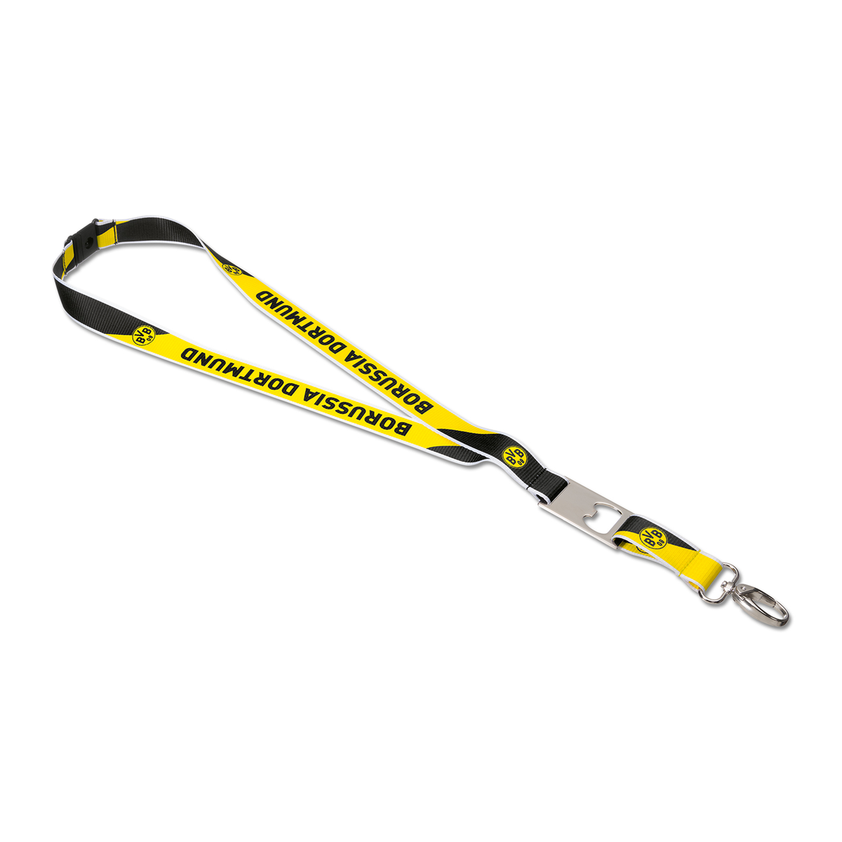 Llavero del Borussia Dortmund con los colores negro y amarillo, con la inscripción «Borussia Dortmund» y un abrebotellas integrado.