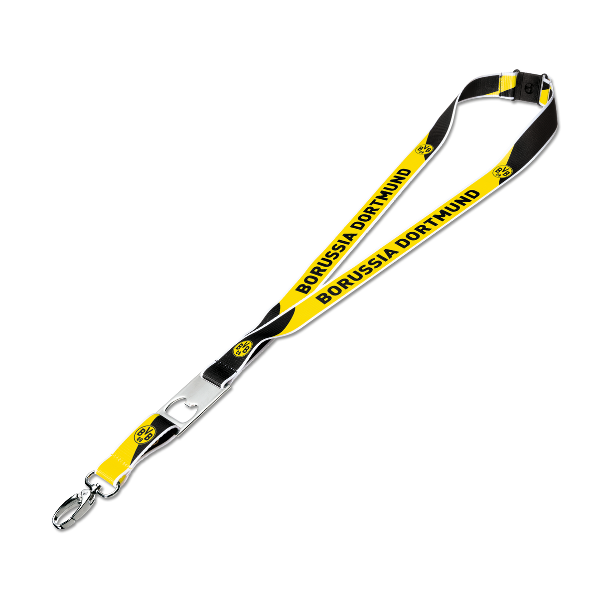 Cordón del BVB en negro y amarillo con el logotipo del Borussia Dortmund y un abrebotellas integrado, ideal para los aficionados como accesorio práctico.