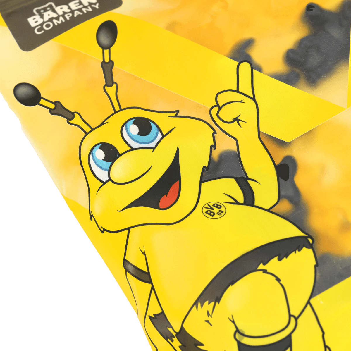 Comic-Illustration des BVB-Maskottchens EMMA in schwarzgelbem Trikot mit BVB-Logo, auf hellem Hintergrund.