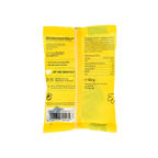 Dos de l'emballage jaune des bonbons gélifiés aux fruits BVB-EMMA, avec les informations nutritionnelles, la liste des ingrédients et les informations relatives à la fabrication. Contient 125 g de bonbons gélifiés aux fruits et ne contient pas d'arômes artificiels.