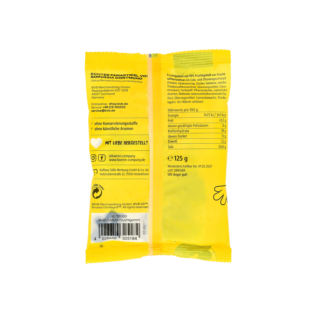 Dos de l'emballage jaune des bonbons gélifiés aux fruits BVB-EMMA, avec les informations nutritionnelles, la liste des ingrédients et les informations relatives à la fabrication. Contient 125 g de bonbons gélifiés aux fruits et ne contient pas d'arômes artificiels.
