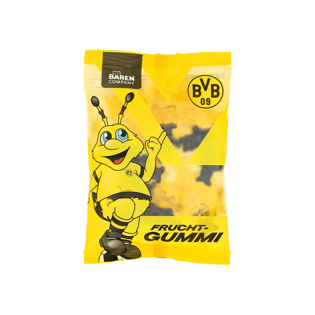 Emballage jaune de bonbons gélifiés aux fruits du BVB, orné de la mascotte EMMA et du logo du BVB, fabriqué par Bären Company.