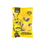 Emballage jaune de bonbons gélifiés aux fruits du BVB, orné de la mascotte EMMA et du logo du BVB, fabriqué par Bären Company.