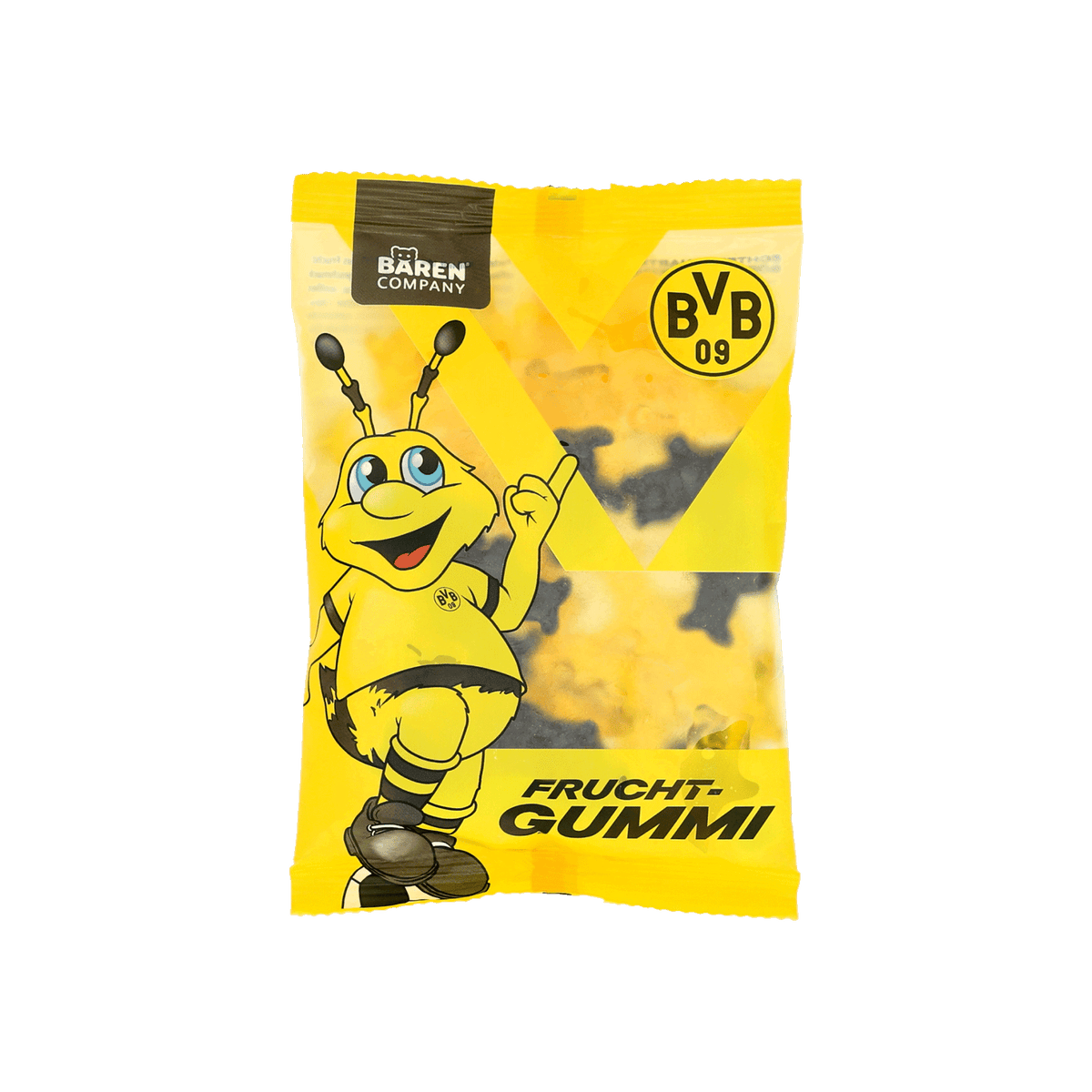 Emballage jaune de bonbons gélifiés aux fruits du BVB, orné de la mascotte EMMA et du logo du BVB, fabriqué par Bären Company.