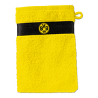Gelber BVB-Waschhandschuh mit schwarzem Streifen und BVB-Logo, ideal für Fans von Borussia Dortmund.