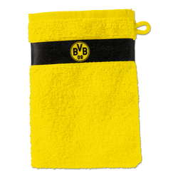 Manopla de baño amarilla del BVB con una franja negra y el logotipo del BVB, ideal para los aficionados del Borussia Dortmund.