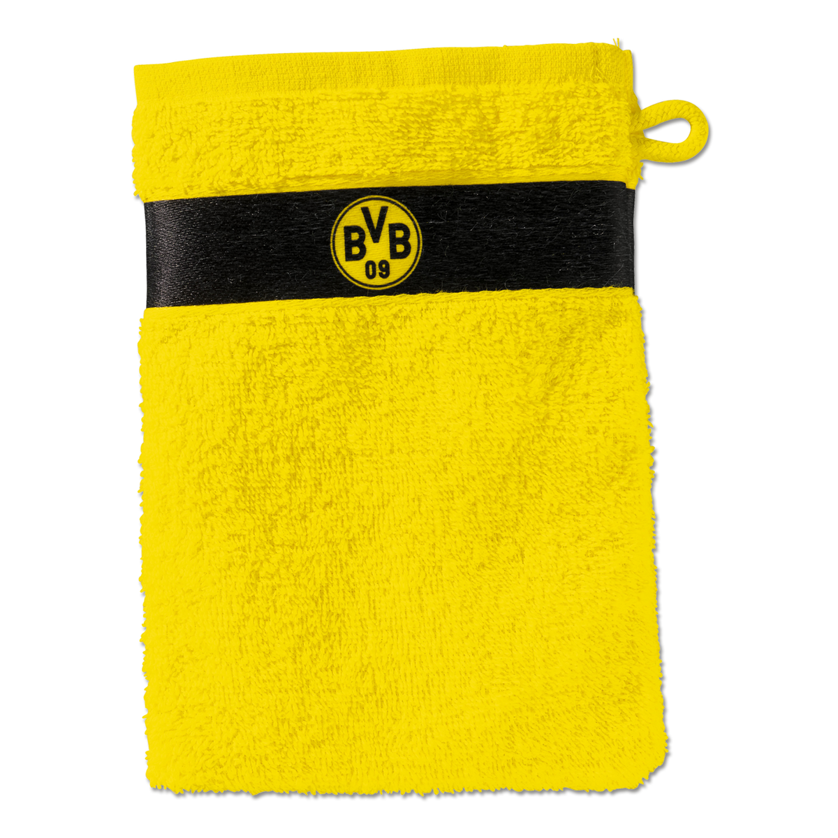 Gelber BVB-Waschhandschuh mit schwarzem Streifen und BVB-Logo, ideal für Fans von Borussia Dortmund.