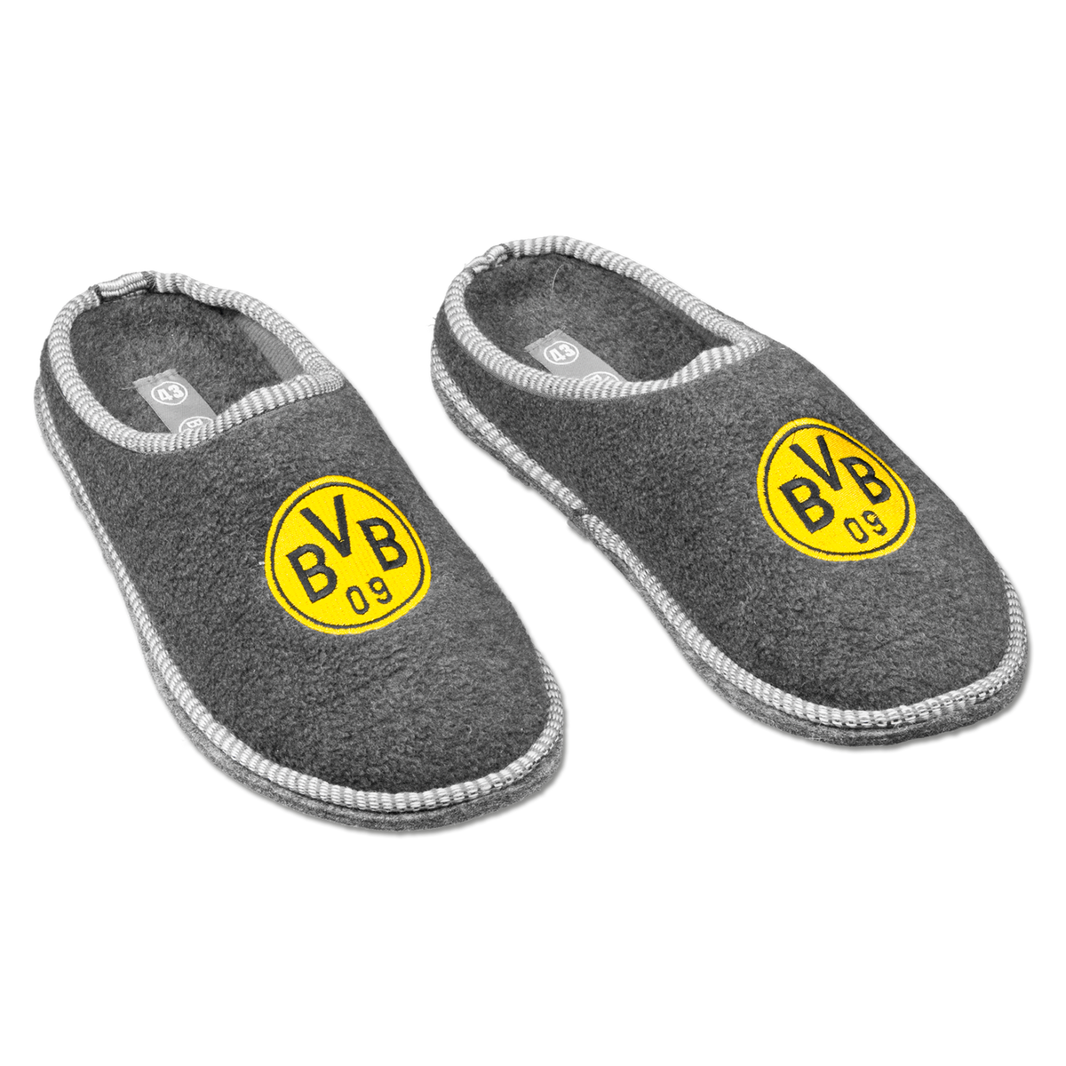 Dark gray BVB felt slippers with an eye-catching black-and-yellow BVB 09 logo—the perfect comfortable accessory for fans to wear at home.
