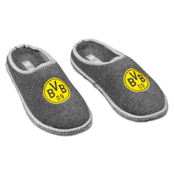 Dunkelgraue BVB-Filzpantoffeln mit auffälligem schwarzgelbem BVB 09-Logo, ideal für Fans als bequemes Accessoire für zu Hause.