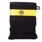 Ein schwarzgelber BVB-Waschlappen mit eingearbeitetem BVB-Logo, ideal für Fans als praktisches Badaccessoire.