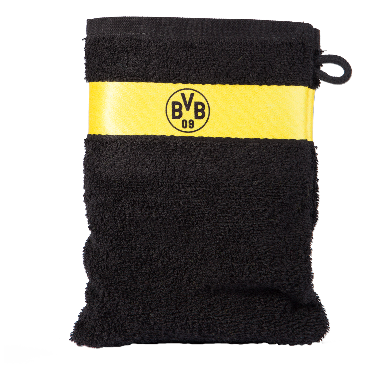 Ein schwarzgelber BVB-Waschlappen mit eingearbeitetem BVB-Logo, ideal für Fans als praktisches Badaccessoire.