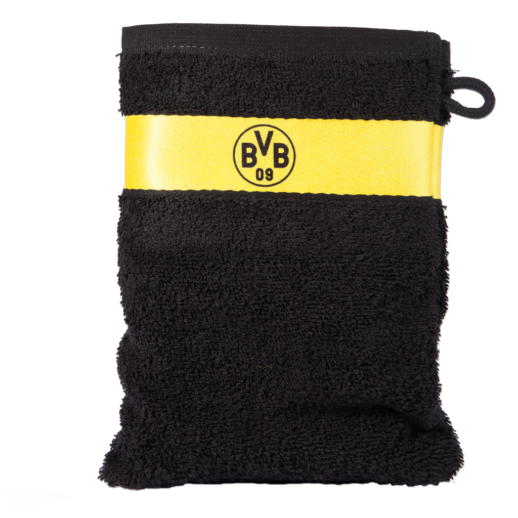 Ein schwarzgelber BVB-Waschlappen mit eingearbeitetem BVB-Logo, ideal für Fans als praktisches Badaccessoire.