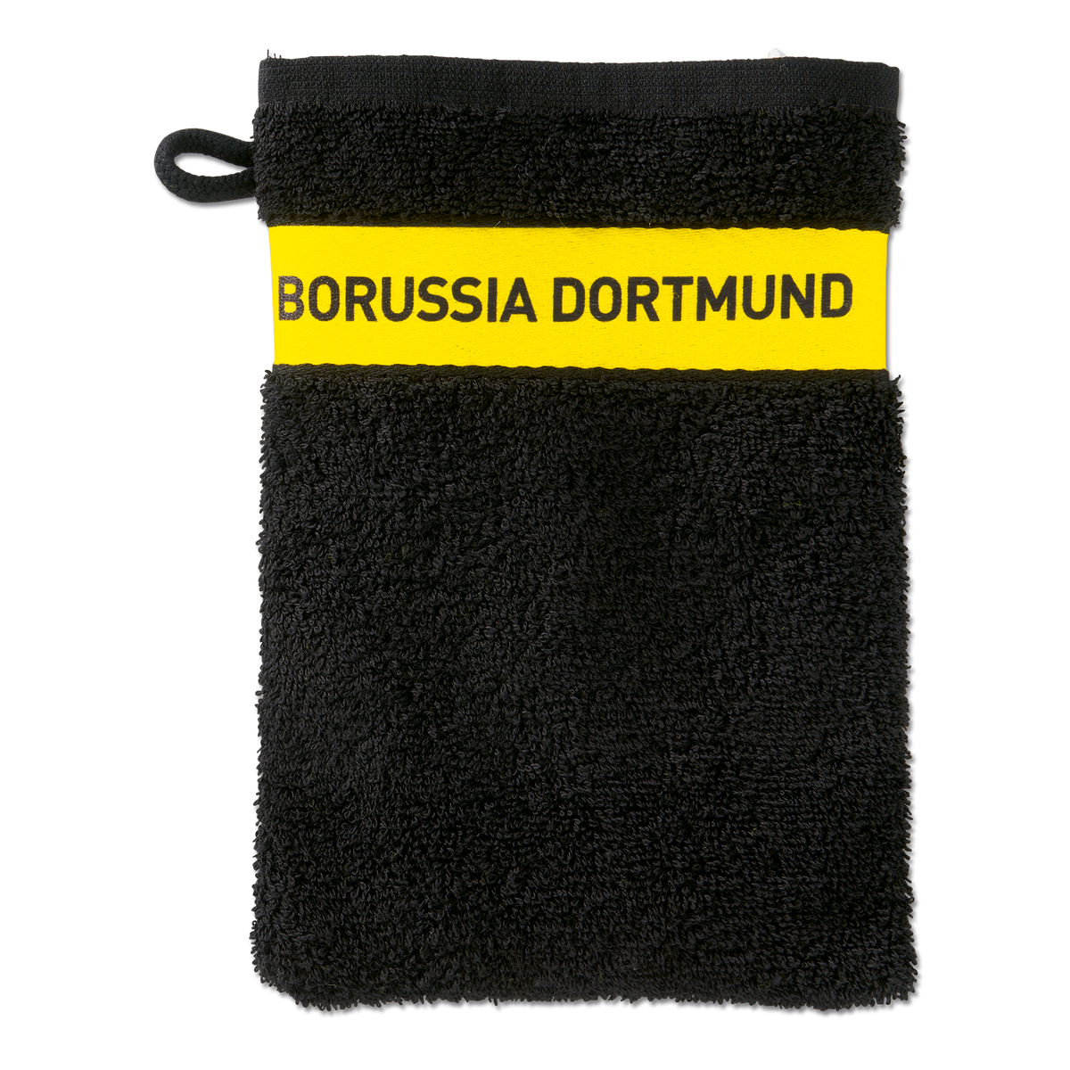 Schwarzgelber Borussia Dortmund Waschlappen mit BVB-Schriftzug aus weichem Frotteematerial.