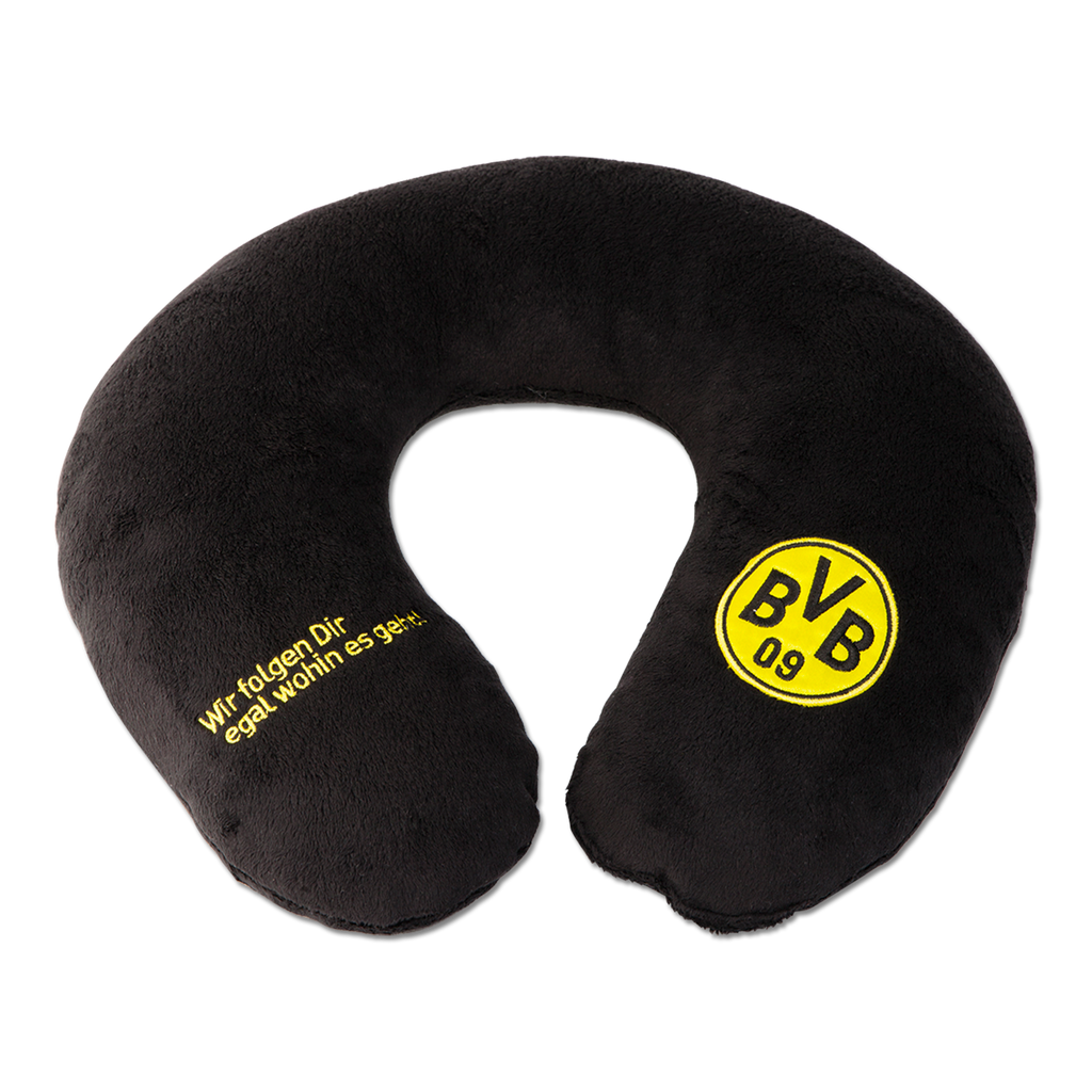 Oreiller cervical noir en forme de fer à cheval, orné du logo jaune du BVB et d'une phrase motivante écrite en jaune.