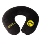 Oreiller cervical noir en forme de fer à cheval, orné du logo jaune du BVB et d'une phrase motivante écrite en jaune.