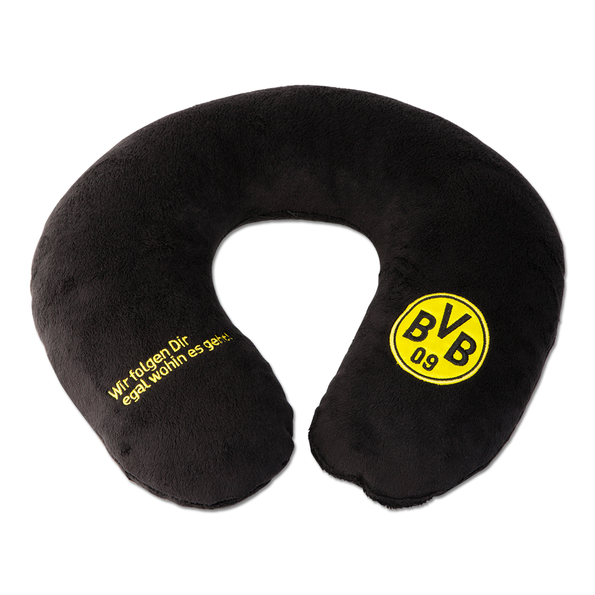 Schwarzes Nackenkissen in Form eines Hufeisens mit gelbem BVB-Logo und motivierendem Satz in gelber Schrift.