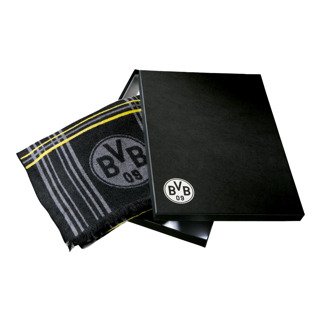 Sciarpa nera del BVB con strisce gialle e grigie e il logo del BVB, presentata in un’elegante confezione regalo nera.