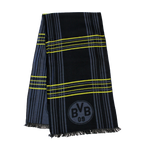 Sciarpa nera del BVB con strisce gialle e grigie e stemma del BVB incorporato, ideale per i tifosi del Borussia Dortmund.