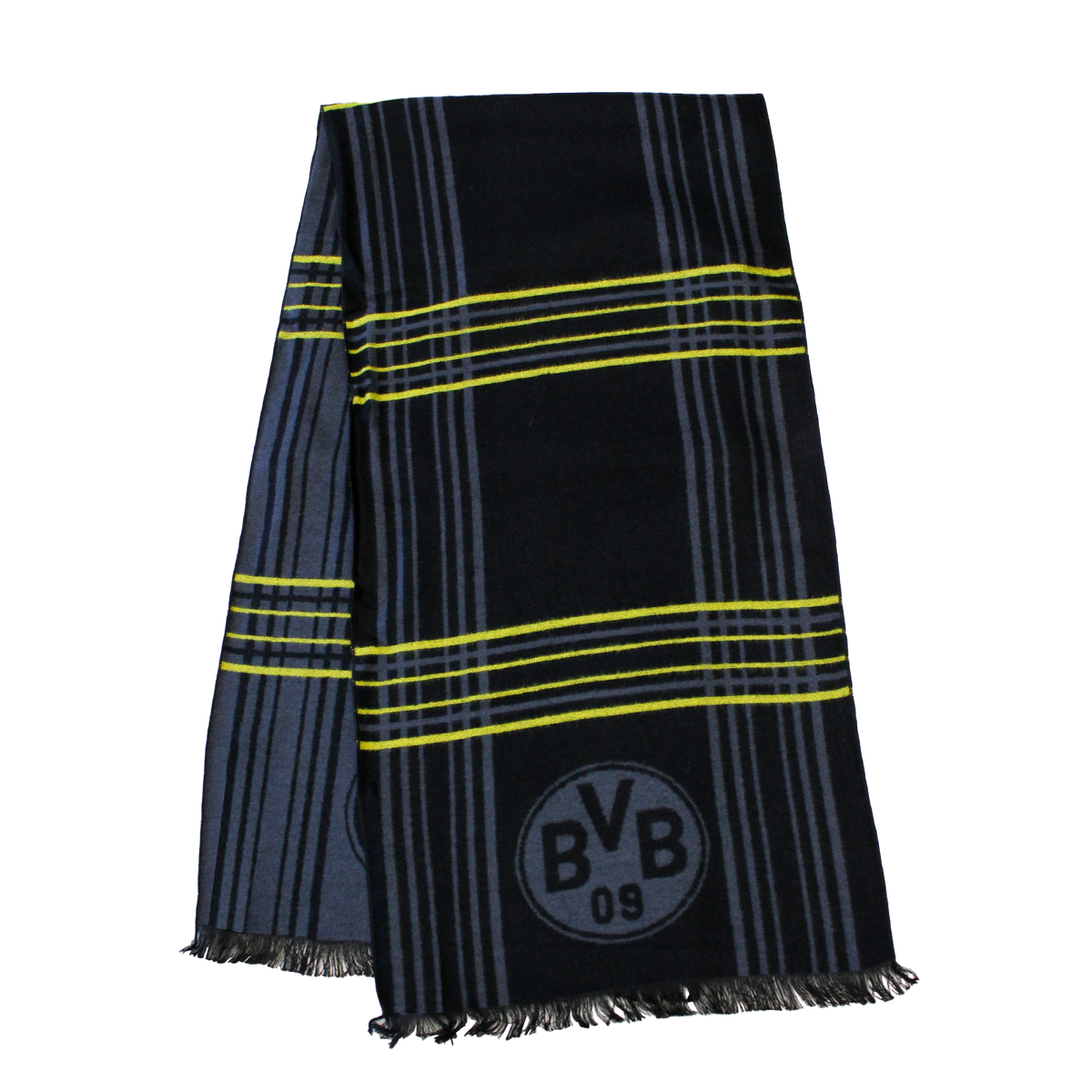 Black BVB scarf with yellow and gray stripes and a built-in BVB emblem, perfect for Borussia Dortmund fans.
