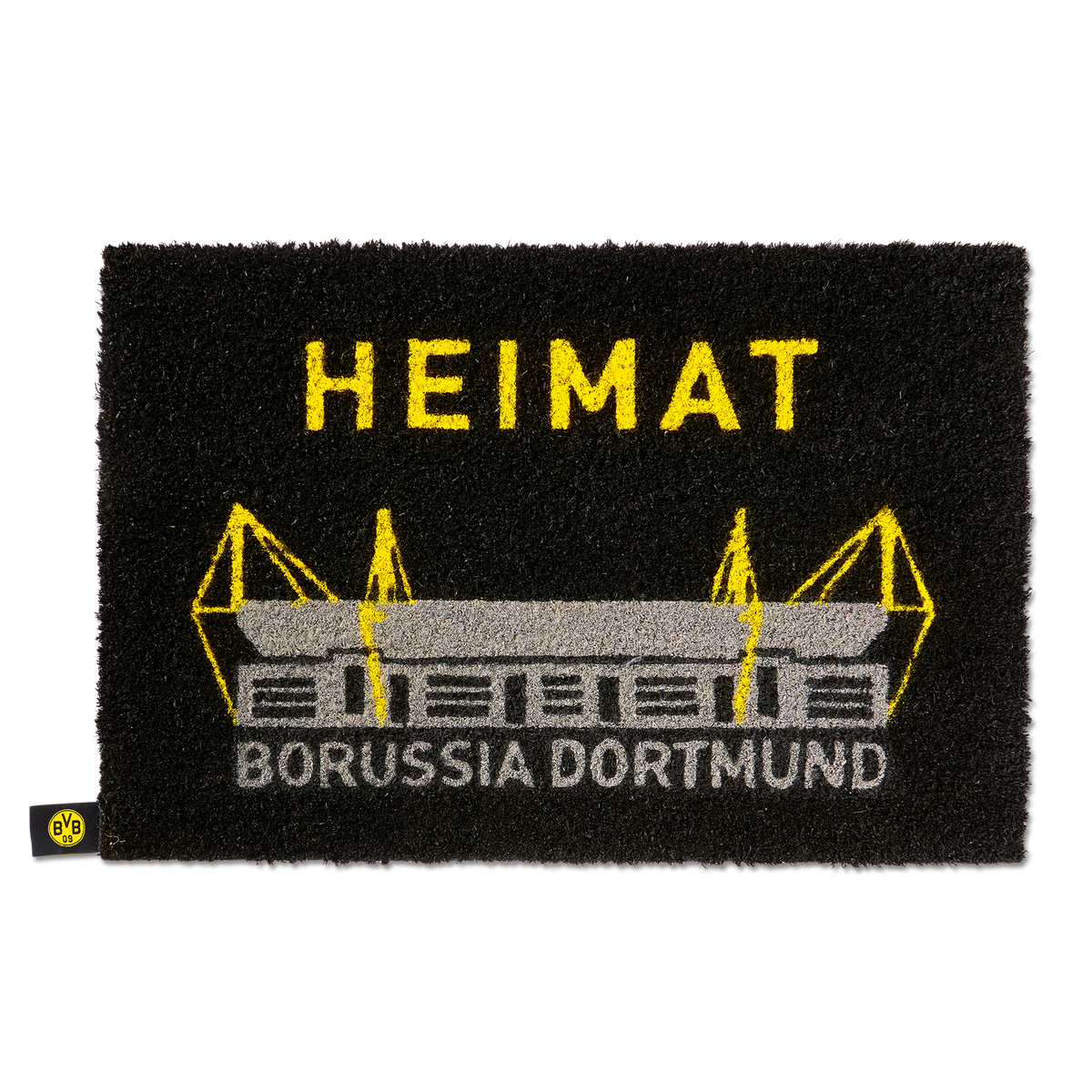 Paillasson noir du BVB avec l'inscription « Heimat » en jaune, une illustration du SIGNAL IDUNA PARK en jaune et gris ainsi que l'inscription « Borussia Dortmund », idéal pour les supporters.