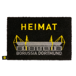 Felpudo negro del BVB con la inscripción «Heimat» en amarillo, una ilustración del estadio SIGNAL IDUNA PARK en amarillo y gris, y la inscripción «Borussia Dortmund», ideal para los aficionados.