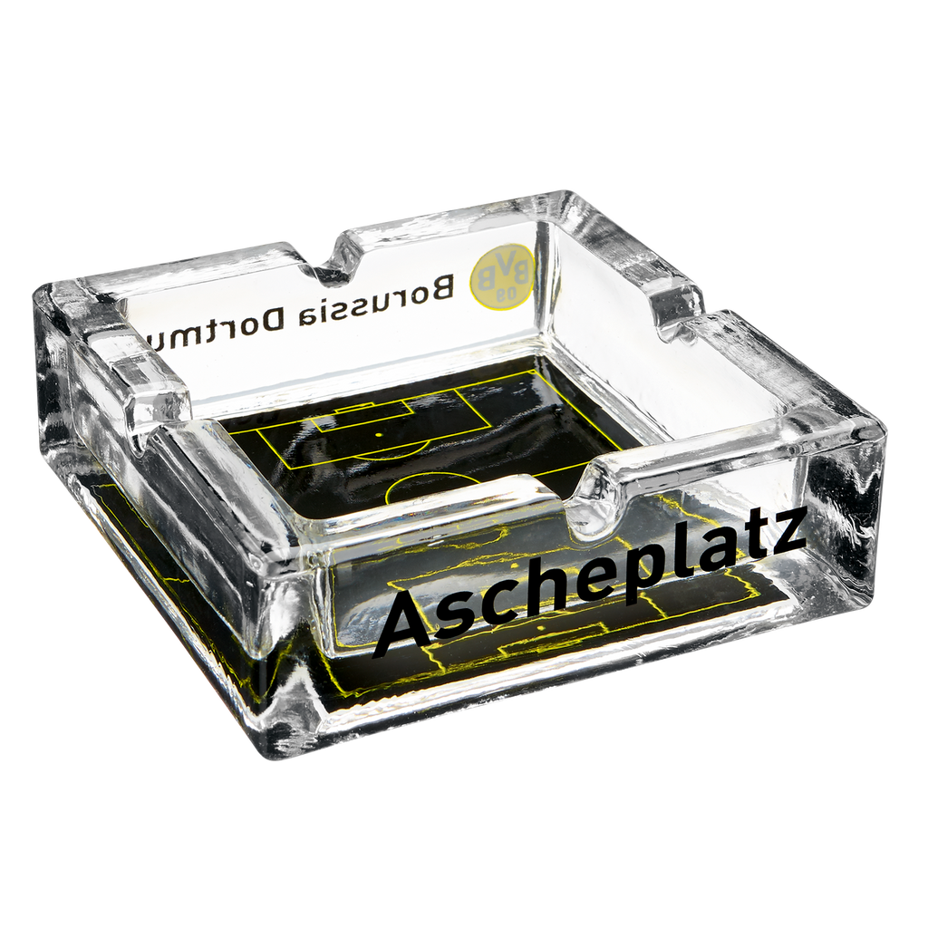 Cendrier transparent du Borussia Dortmund, orné d'un motif représentant un terrain de football aux couleurs noir et jaune et du logo du club, idéal pour les supporters.