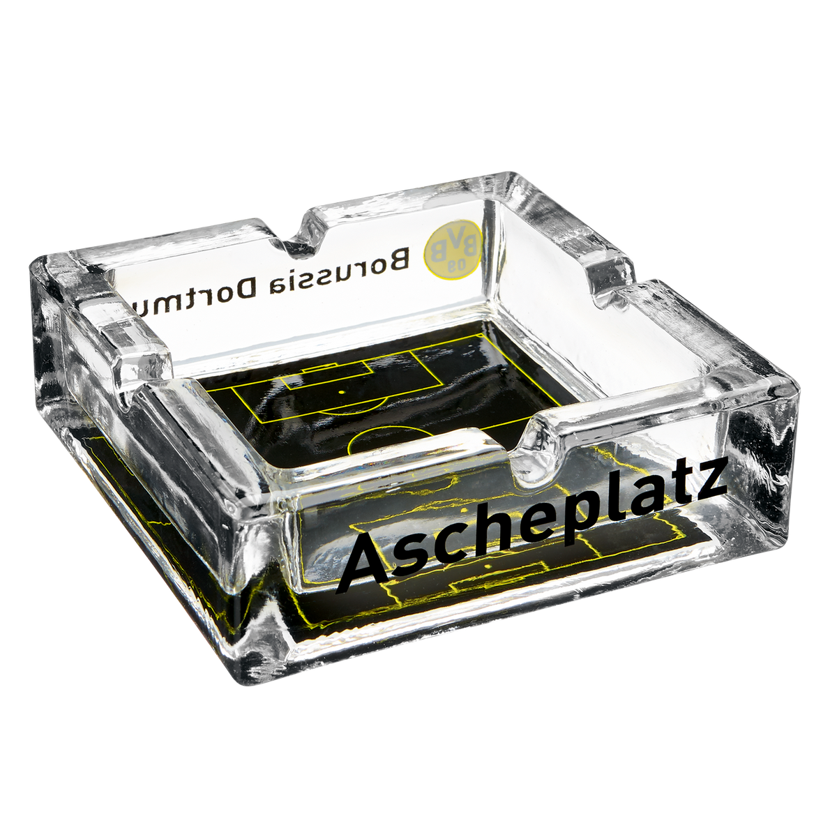 Cendrier transparent du Borussia Dortmund, orné d'un motif représentant un terrain de football aux couleurs noir et jaune et du logo du club, idéal pour les supporters.