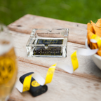 Cendrier transparent en verre aux couleurs du BVB, avec un motif noir et jaune, l'inscription « Ascheplatz » et le logo du BVB, idéal pour les supporters du Borussia Dortmund.