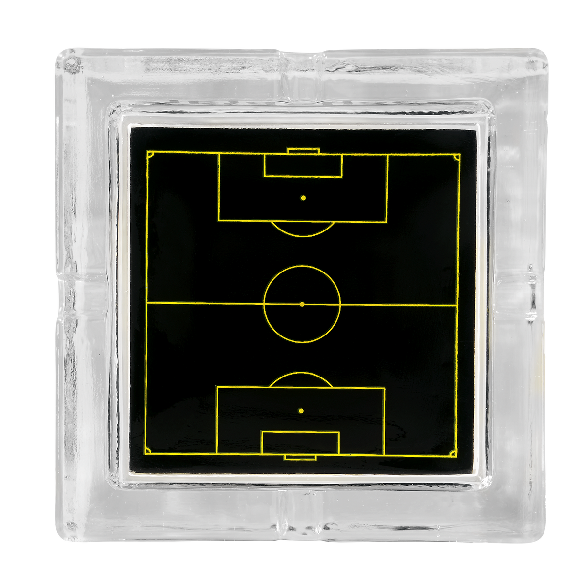 Cendrier du BVB au design transparent et orné d'un motif représentant un terrain de football aux couleurs noir et jaune : un article de supporters élégant pour les fans du Borussia Dortmund.