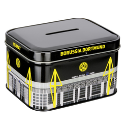 「SIGNAL IDUNA PARK」とスタジアムのシルエットが描かれた、黒と黄色のBVBメタル缶。貯金箱やファンアイテムとして最適です。