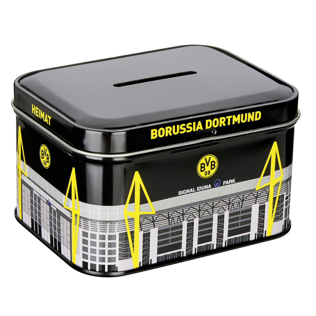 Lata metálica del BVB en colores negro y amarillo con el «SIGNAL IDUNA PARK» y la silueta del estadio, ideal como hucha y artículo para aficionados.