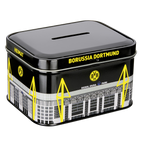Boîte métallique noir et jaune du BVB, ornée du SIGNAL IDUNA PARK et de la silhouette du stade, pouvant servir de tirelire et d'objet de collection pour les supporters.