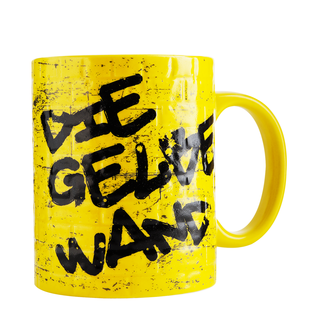 Gelber Borussia Dortmund Fanbecher mit dem Schriftzug 'Die Gelbe Wand' in Schwarz, offizielles Merchandise für Fans des BVB.