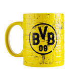 Tasse jaune du Borussia Dortmund, ornée du logo emblématique noir et jaune du club et d'un motif de briques, idéale pour les supporters, comme accessoire ou comme cadeau.