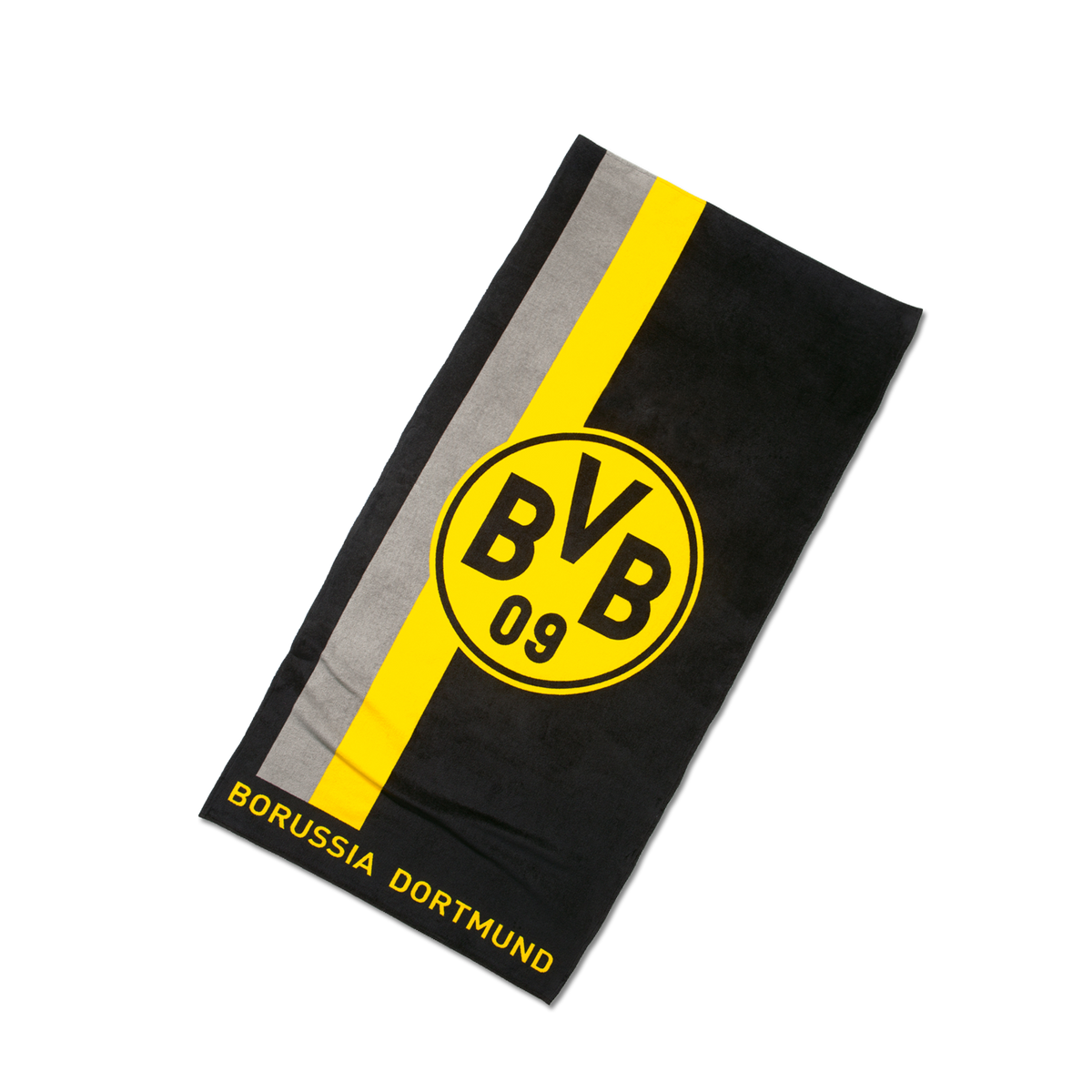 BVB-Handtuch mit schwarzgelbem Streifen-Design, großem BVB-Logo und Schriftzug 'Borussia Dortmund'.