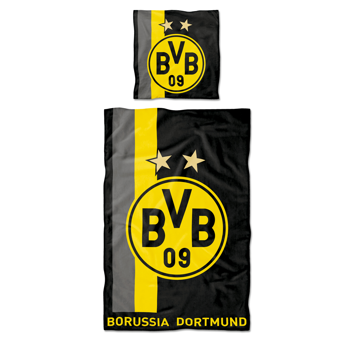 Biancheria da letto del BVB con motivo a righe nero-gialle, con un grande logo del BVB e due stelle. Comprende un piumone e un cuscino, ideale per i tifosi del Borussia Dortmund.