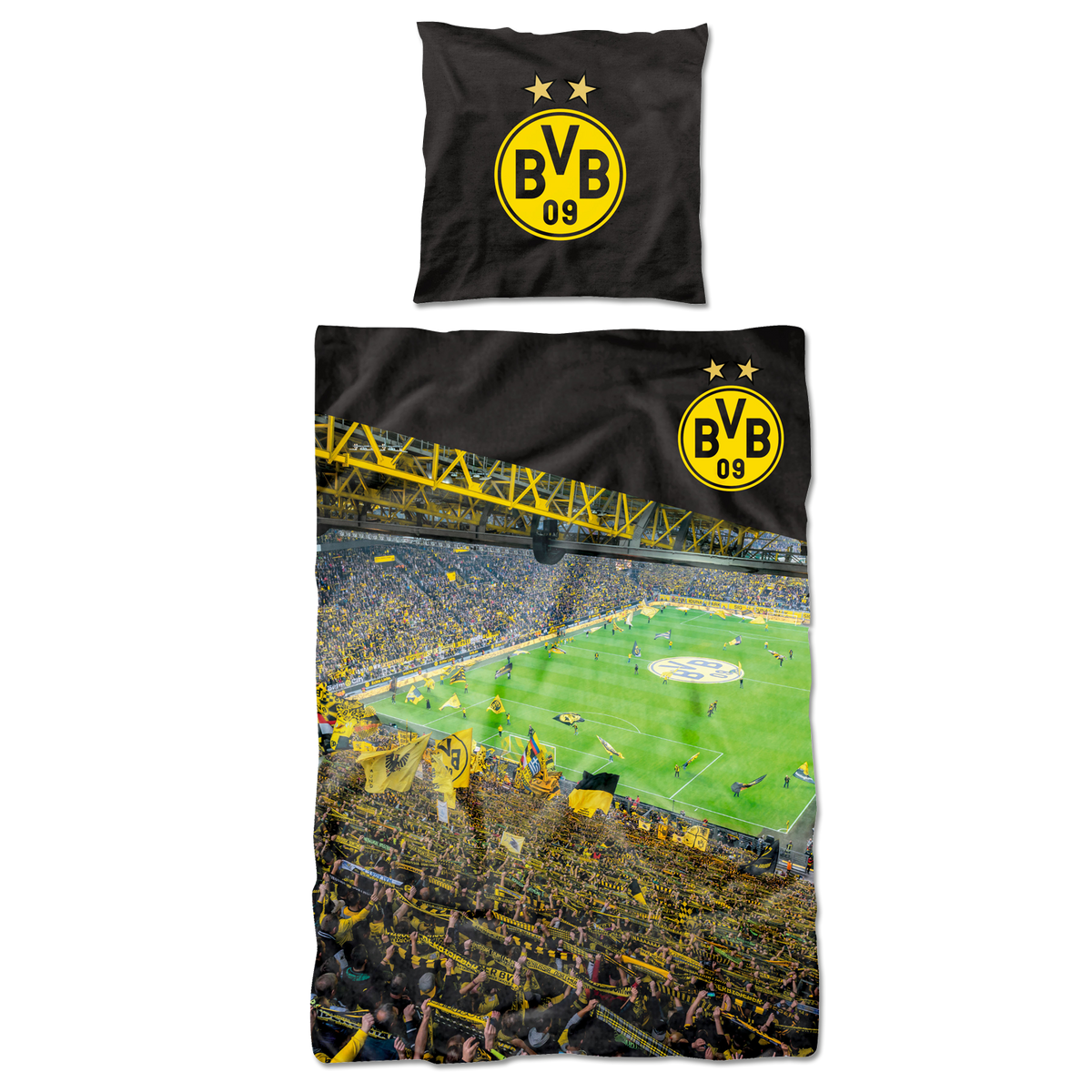 Parure de lit BVB noir et jaune, dimensions 135 x 200 cm, avec un motif représentant la tribune sud du stade et un grand logo BVB.