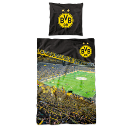 Ropa de cama del BVB en colores negro y amarillo, de 135 x 200 cm, con un motivo del estadio que representa la tribuna sur y un gran logotipo del BVB.