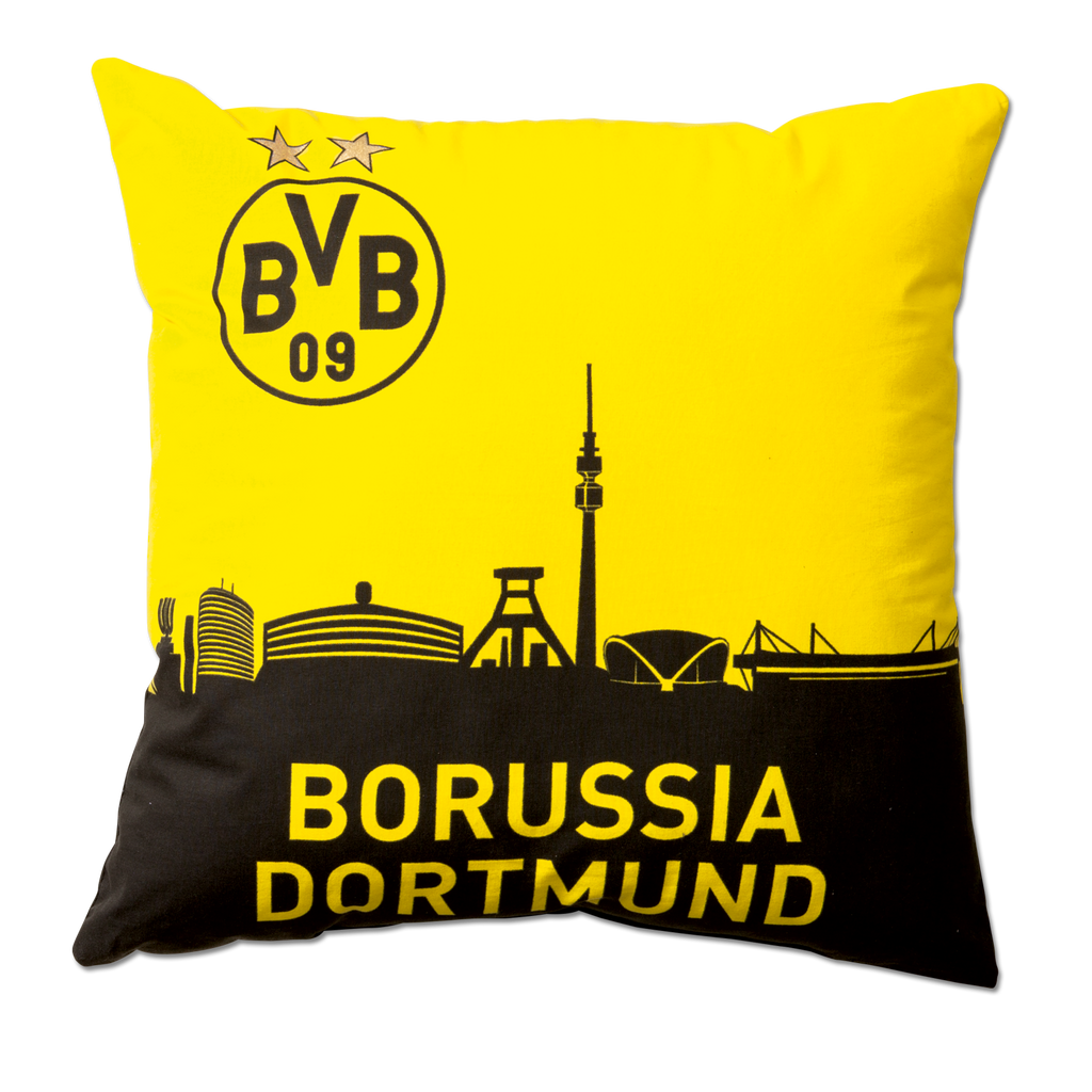 Un coussin du BVB aux couleurs du club, noir et jaune, orné d'une silhouette de la ville de Dortmund et d'un grand logo du BVB, idéal comme objet de fan et accessoire de décoration, dimensions : 40 x 40 cm.