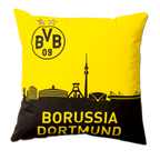 Un coussin du BVB aux couleurs du club, noir et jaune, orné d'une silhouette de la ville de Dortmund et d'un grand logo du BVB, idéal comme objet de fan et accessoire de décoration, dimensions : 40 x 40 cm.
