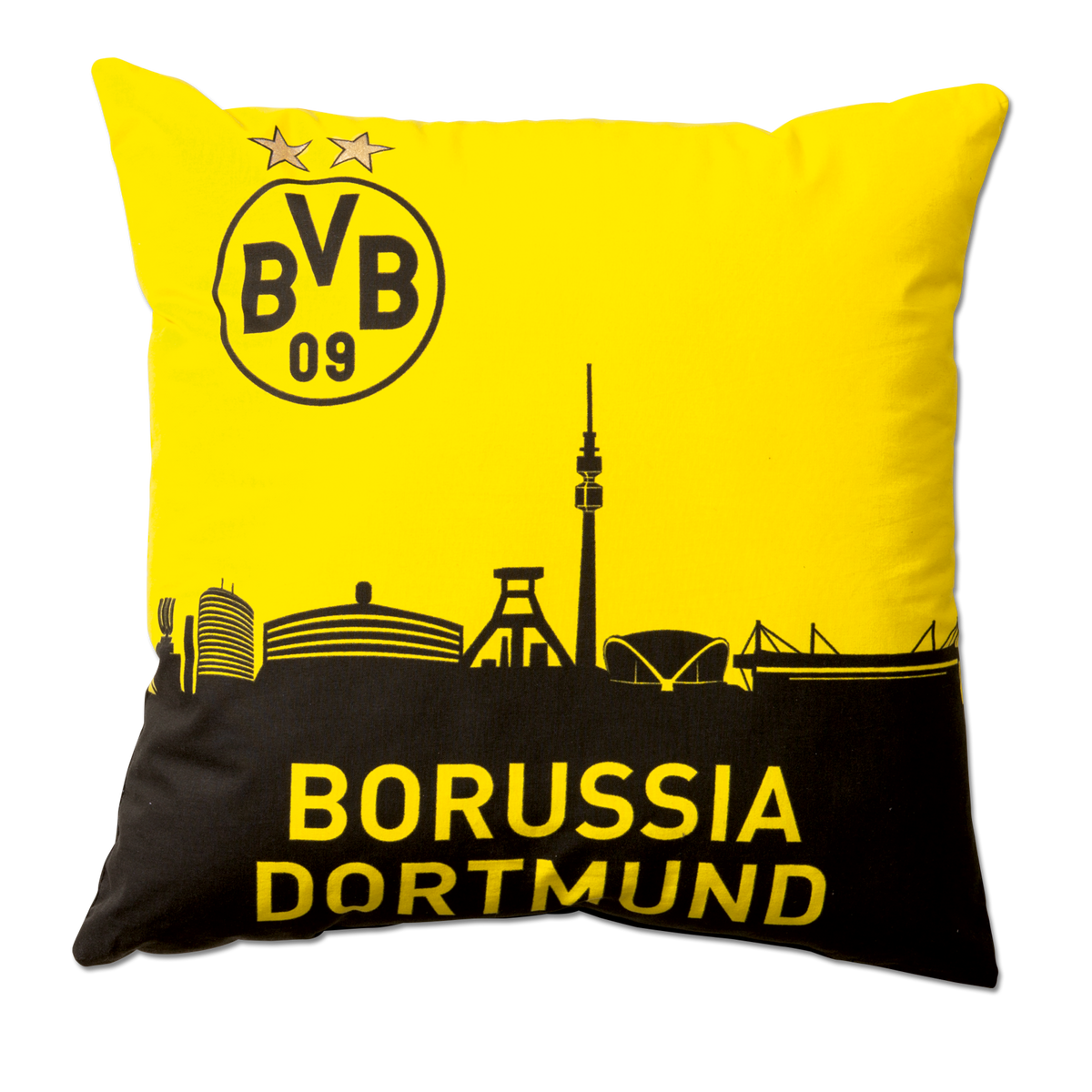Ein BVB-Kissen in den Vereinsfarben schwarzgelb mit aufgedruckter Skyline von Dortmund und großem BVB-Logo, ideal als Fanartikel und dekoratives Wohnaccessoire, Größe 40 x 40 cm.