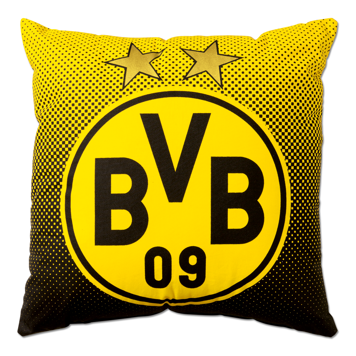Kissen in schwarzgelber Optik mit großem BVB 09-Emblem und zwei goldenen Sternen, ideales Accessoire für Borussia Dortmund Fans, Größe 40x40 cm.